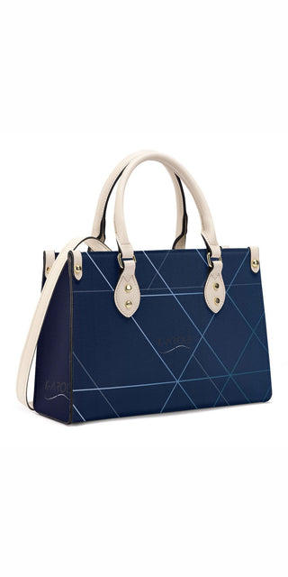 Elegant Navy Blue Designer Tote Bag from K-AROLE with stylish white stitching details, featuring a spacious interior and durable construction for the modern woman's athleisure outfits.