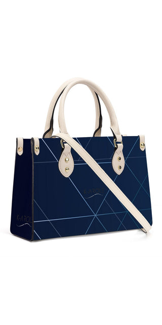 Elegant navy blue designer tote bag from K-AROLE, featuring stylish white accents and a versatile shoulder strap for a chic, fashionable look.