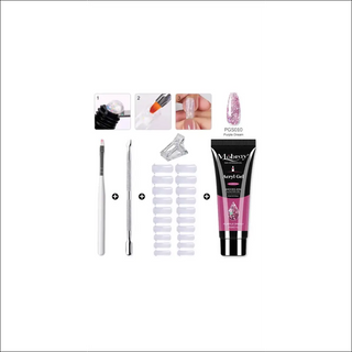 Comprehensive nail art supplies: polymer gel kit with clear and camouflage colors, nail tips, acrylic slices, brushes, and tools for a professional manicure experience.