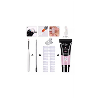 Gel nail art tools: Acrylic nail gel kit, crystal slice brush, and nail tip forms for a salon-quality manicure at home.