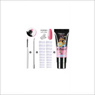 Acrylic nail gel set with essential tools for a professional manicure at home. Includes clear camouflage gel, brush, nail tips, and other accessories for a complete nail care experience.