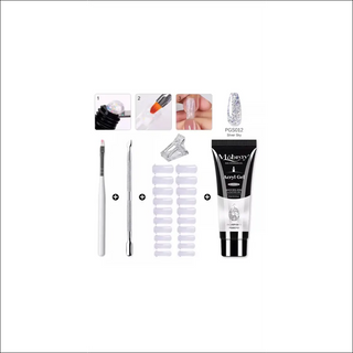 Gel nail art tools set featuring acrylic gel, nail forms, brush, and applicator at K-AROLE's store. Essential accessories for professional manicures and pedicures.