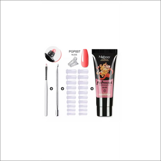 Stylish nail art kit with acrylic gel, nail tips, and brush for a professional manicure at home. Includes essential tools for creating trendy nail designs.