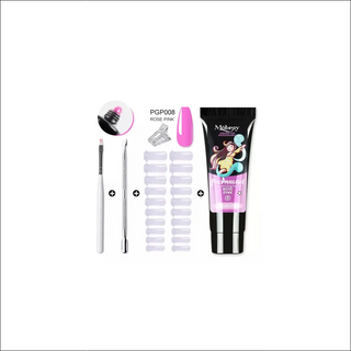 Comprehensive nail care essentials: Poly extension gel set, acrylic gel kit, clear camouflage color nail tips, and essential nail art tools for a professional, salon-quality manicure at home.