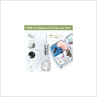 Portable USB-rechargeable dental water flosser with long battery life for convenient oral hygiene.