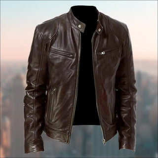 Stylish brown leather jacket with zipper pockets and accents, displayed against a blurred urban cityscape background.