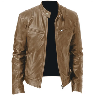 Stylish leather jacket with zipper details and pockets showcased against a plain background. The camel-colored coat features a sleek, modern design, making it a versatile choice for fashion-forward individuals.