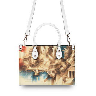 Stylish white leather tote bag with vibrant cityscape print, featuring sleek metal hardware accents and adjustable shoulder straps for versatile carrying. Sophisticated handbag for urban women's athleisure outfits.