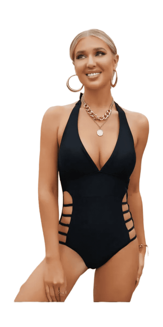 Stylish Vintage One-Piece Swimsuit - Ladder Cutout Halter Neck Design - Flattering and Elegant Swimwear for Women. This black one-piece swimsuit is beautifully worn by a smiling blonde woman on a white background, giving it a timeless vintage feel