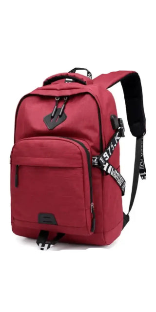 Stylish red laptop backpack with USB charging port, multiple pockets, and adjustable straps for convenient everyday use.