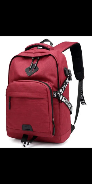 Stylish laptop backpack with USB charging port, red in color, featuring multiple pockets and compartments for storage and organization.