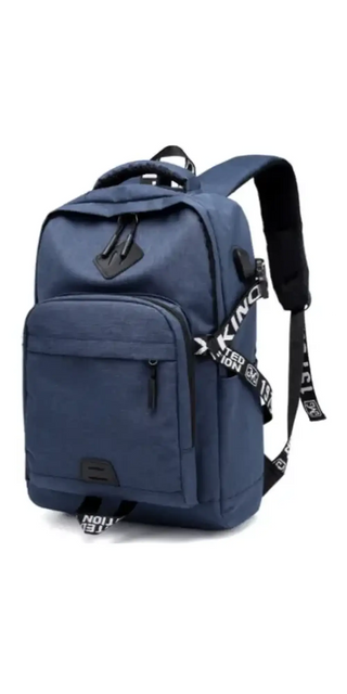 A navy blue laptop backpack with USB charging port. The backpack features multiple pockets and a sleek, modern design suitable for everyday use or commuting.