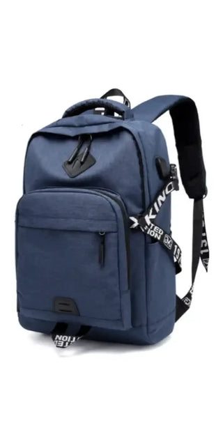 Stylish navy blue laptop backpack with USB charging port and multiple pockets for organized storage from the K-AROLE fashion brand.