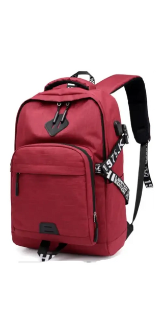 Stylish red backpack with USB charging port and multiple compartments for modern, on-the-go lifestyle from K-AROLE, a leading women's fashion accessory brand.
