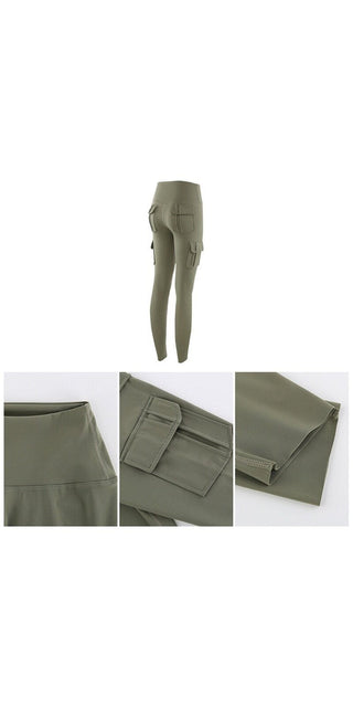 Stylish women's leggings in olive green with multiple pockets, featuring a sleek and comfortable design from the K-AROLE fashion brand.