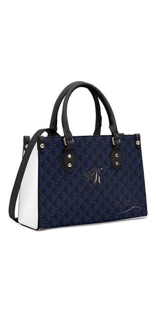 Elegant Leather Tote Bag by K-AROLE - Chic navy blue quilted design with contrasting black trim and handles, stylish yet functional accessory.