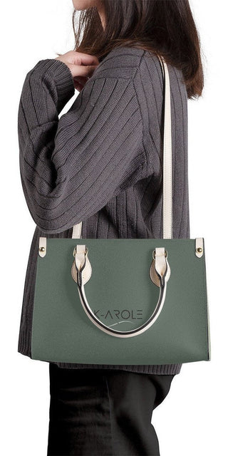 Sophisticated green leather tote bag by K-AROLE™️, featuring a stylish and functional design for modern women's fashion.
