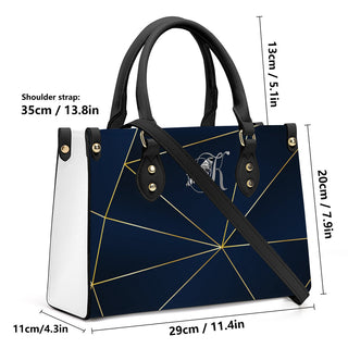 K-AROLE Black Patterned Tote Bag - Your Signature Accessory. A stylish navy blue tote bag with a geometric print design and gold accents, perfect for everyday use.