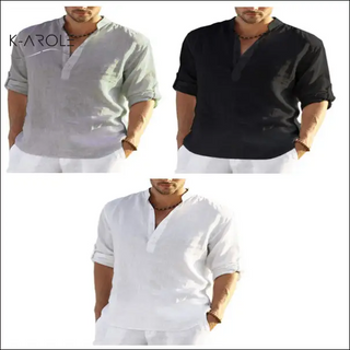 Stylish men's casual cotton linen shirts in multiple colors from the K-AROLE fashion brand.
