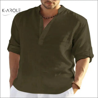 Olive green men's casual cotton linen long sleeve shirt with loose stand collar from K-AROLE