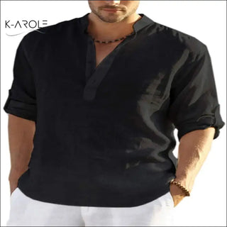 Stylish black cotton linen shirt with loose fit and stand collar for casual men's wear at K-AROLE.