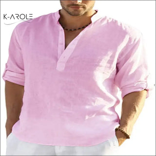 Stylish men's pink cotton linen shirt with loose stand collar from K-AROLE fashion brand.