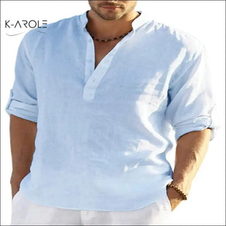 Casual cotton linen stand collar shirt for men from K-AROLE's stylish clothing collection.