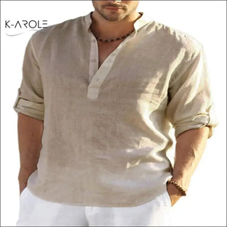 Men's casual cotton linen solid color long sleeve loose stand collar shirt from K-AROLE's fashionable collection.