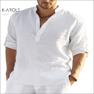 Stylish men's white linen shirt from K-AROLE featuring a loose, stand collar for a relaxed, casual look.
