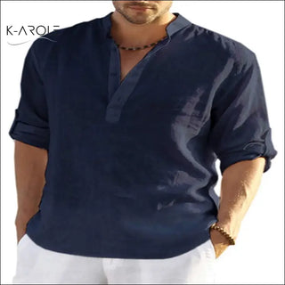 Navy blue casual cotton linen shirt with loose stand collar featured on male model
