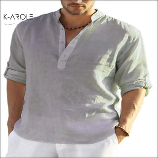 Versatile men's cotton linen shirt from K-AROLE featuring a loose stand collar and solid color design, perfect for casual and comfortable wear.