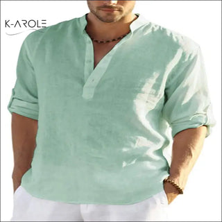 Stylish men's casual linen shirt in mint green color from K-AROLE fashion brand, featuring a loose stand collar design.