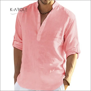 Fashionable men's casual cotton linen shirt in a stylish pink color with a loose stand collar, showcased against a white background.