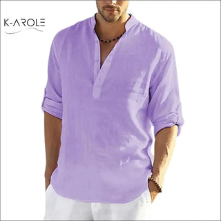 Relaxed-Fit Lavender Linen Shirt: Casual, breathable men's shirt with loose stand collar and roll-up sleeves for versatile style from K-AROLE.
