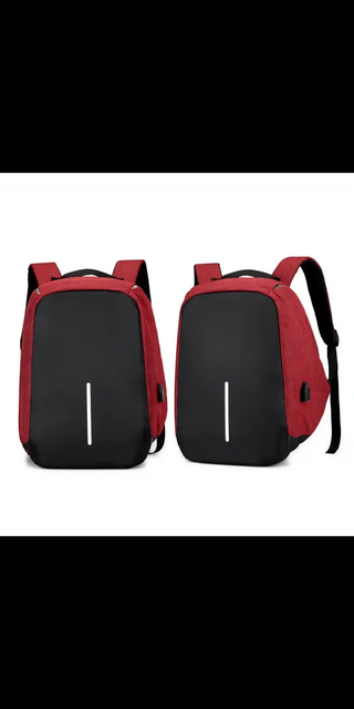 Sleek red and black USB charging water-resistant backpack with multi-functional design, suitable for everyday use or travel.