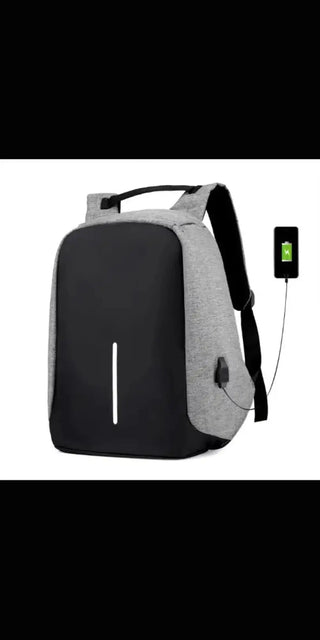 Stylish USB Charging Backpack: Grey and black water-resistant backpack with built-in USB port for convenient charging on the go.