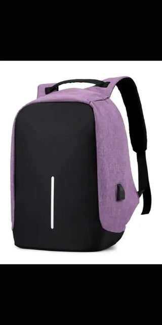 Stylish USB charging backpack in black and lilac color. Anti-theft design with hidden zippers, water-resistant material, and dedicated laptop compartment. Versatile and functional bag for everyday use or travel.