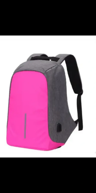 Stylish USB Charging Backpack: Gray and Pink Fabric Laptop Bag with Adjustable Straps