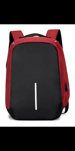 Sleek USB Charging Backpack: Black and red water-resistant anti-theft laptop bag with convenient charging port for on-the-go convenience.