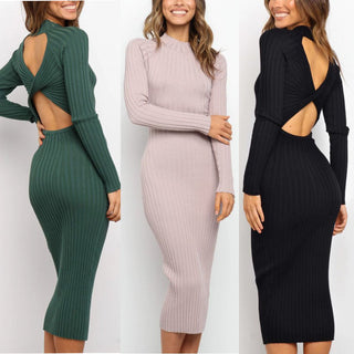 Elegant ribbed sweater dresses in trendy colors from K-AROLE, a women's fashion label, showcasing stylish backless and open back designs.