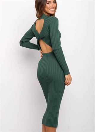 Sleek green backless ribbed sweater dress with bow detail from K-AROLE's stylish women's fashion collection.