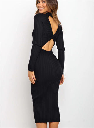 Stylish backless bow sweater dress in sleek black color from K-AROLE fashion brand, perfect for an elegant and trendy look.