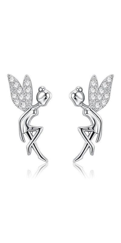New Wings Girl Flower Fairy Stud Earrings - Silver - clothes