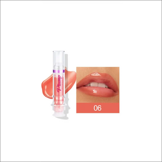 Glossy coral-toned liquid lipstick with mirror-like finish, packaged in transparent tube for easy application.