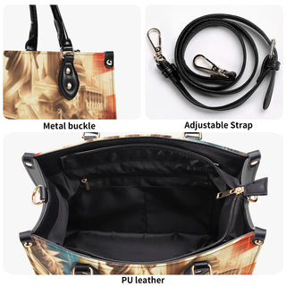 Rustic wooden panels and metal buckle details on a women's athleisure tote bag from K-AROLE. Adjustable strap for comfortable carrying. Durable PU leather construction. Perfect for everyday use or weekend trips.