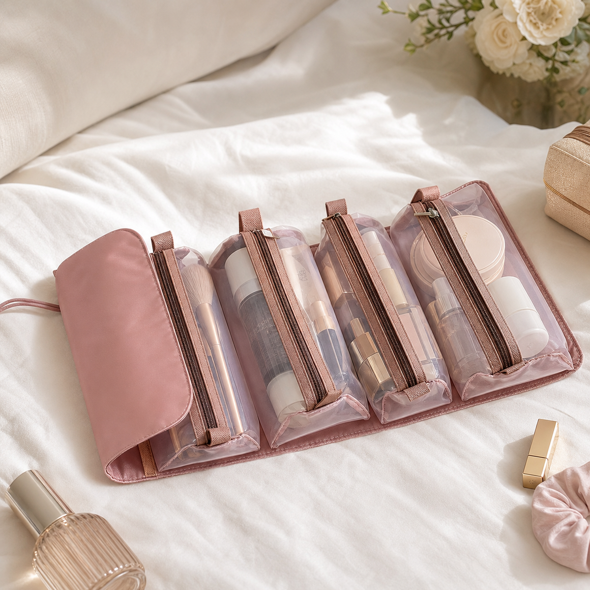 Organiseur de maquillage pliable rose ouvert avec quatre compartiments transparents