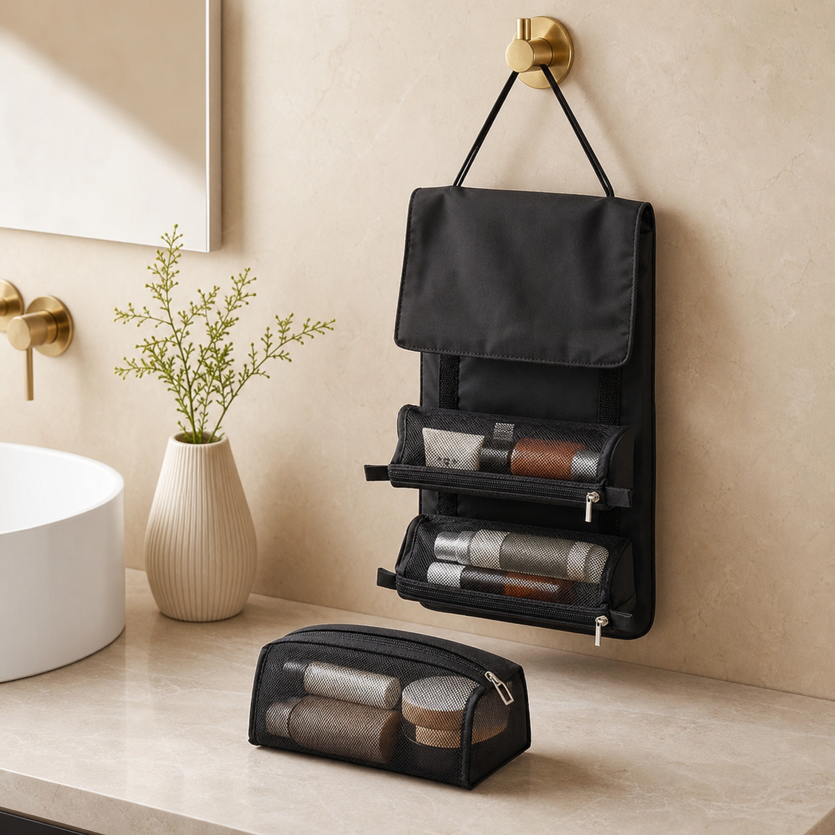 Organiseur de toilette suspendu noir avec trois pochettes amovibles