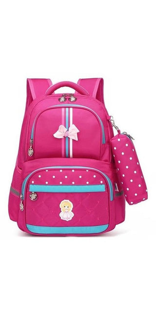Vibrant Pink Orthopedic Children's School Backpack with Polka Dot Pattern, Bow Accent, and Cute Cartoon Character Embellishment