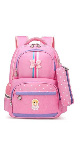 Orthopedic children's school backpack in vibrant pink with butterfly motif, polka dot design, and detachable pouch. Practical and stylish accessory for young students.