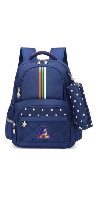 Stylish navy blue orthopedic children's school backpack with colorful stripes and star patterns, featuring a roomy interior and a detachable accessory pouch for added convenience.